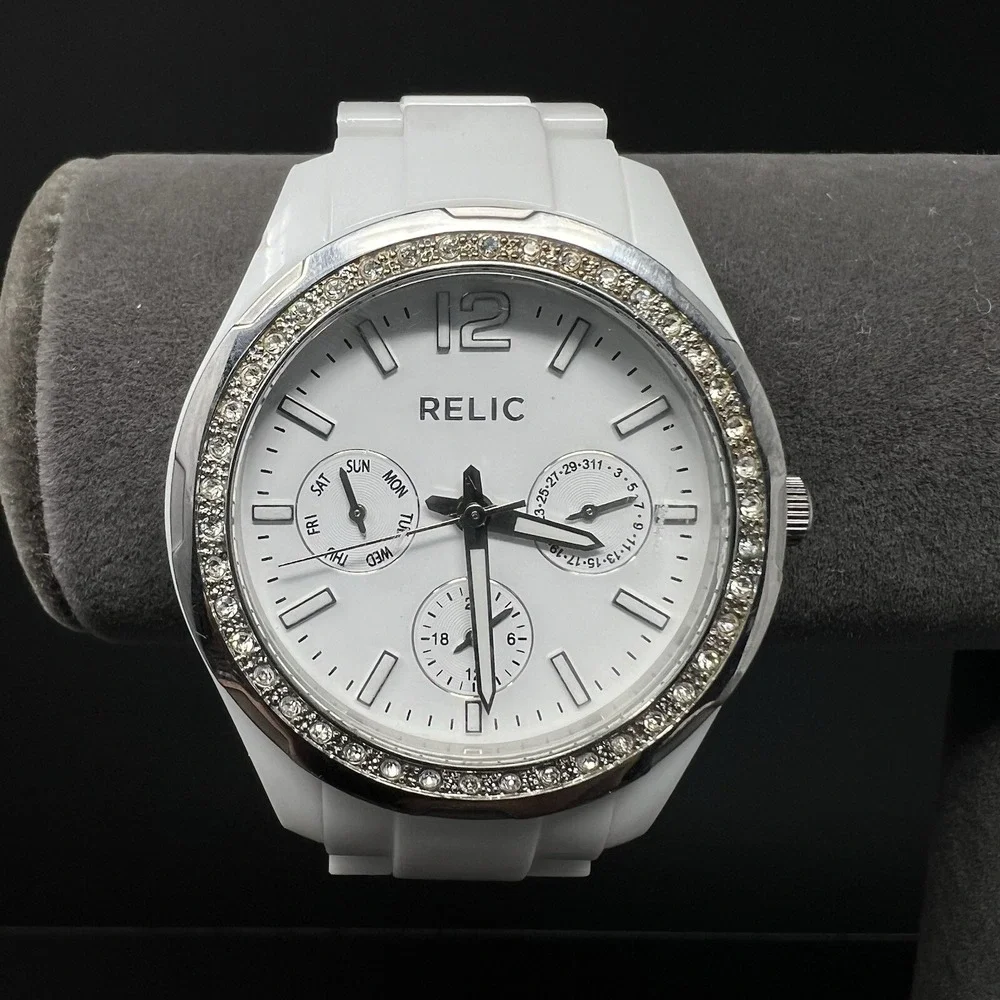 Relic Women's Watch White Band Analog Rhinestone Bezel 165FT Water Resistant
